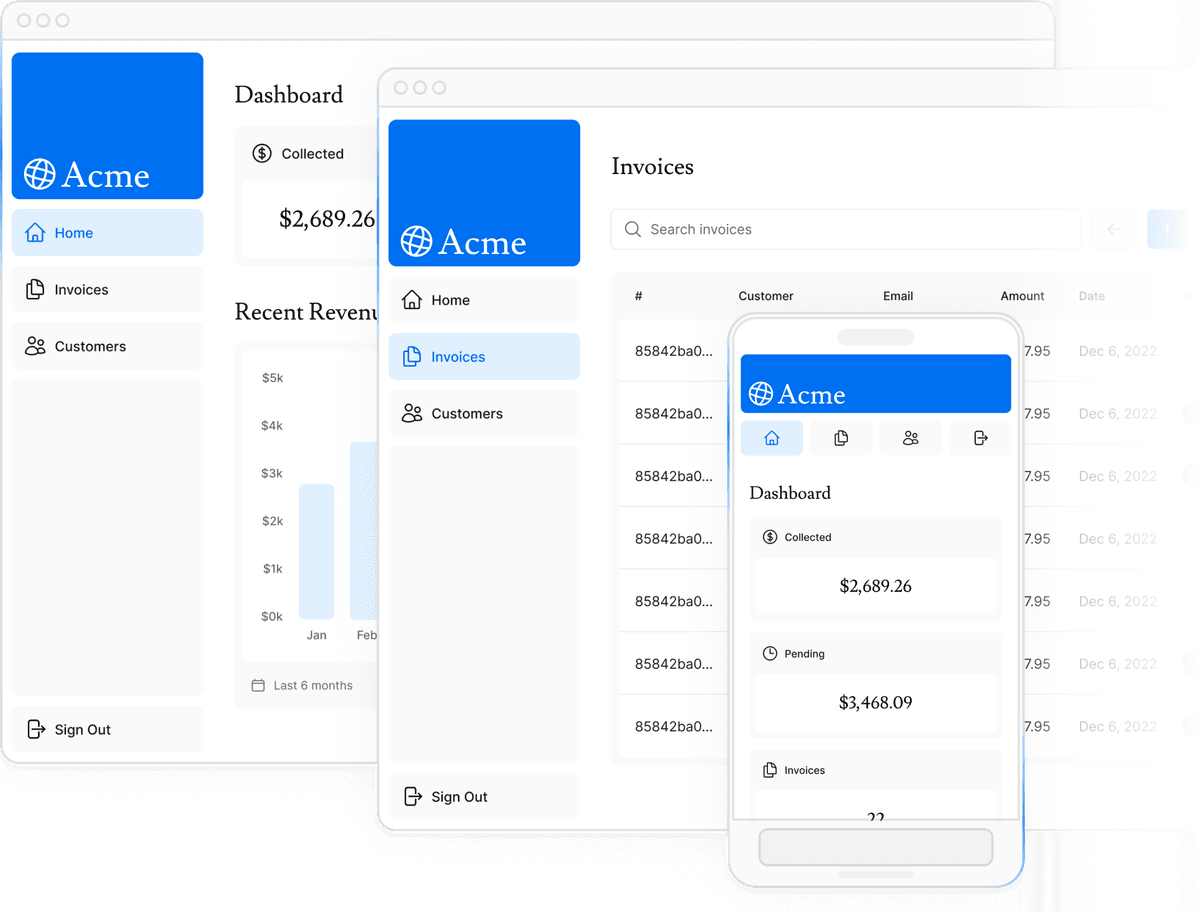 Screenshots of ths dashboard project showing desktop version 